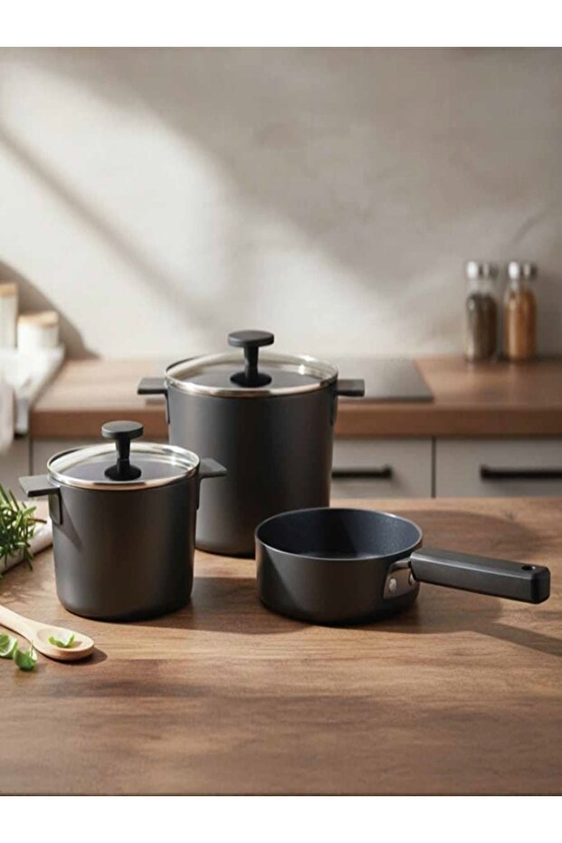 ,cooking set 5pc,non stick,suitable for all kind of stove,glass lid,integrated hand,Black
