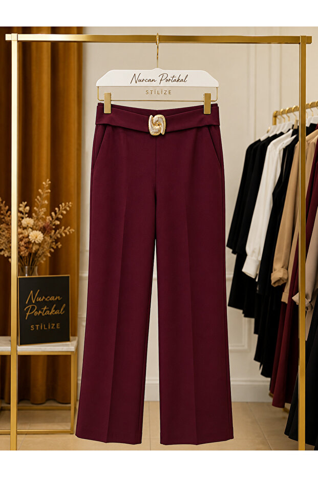 Imported Fabric Palazzo Trousers with Gold Buckle