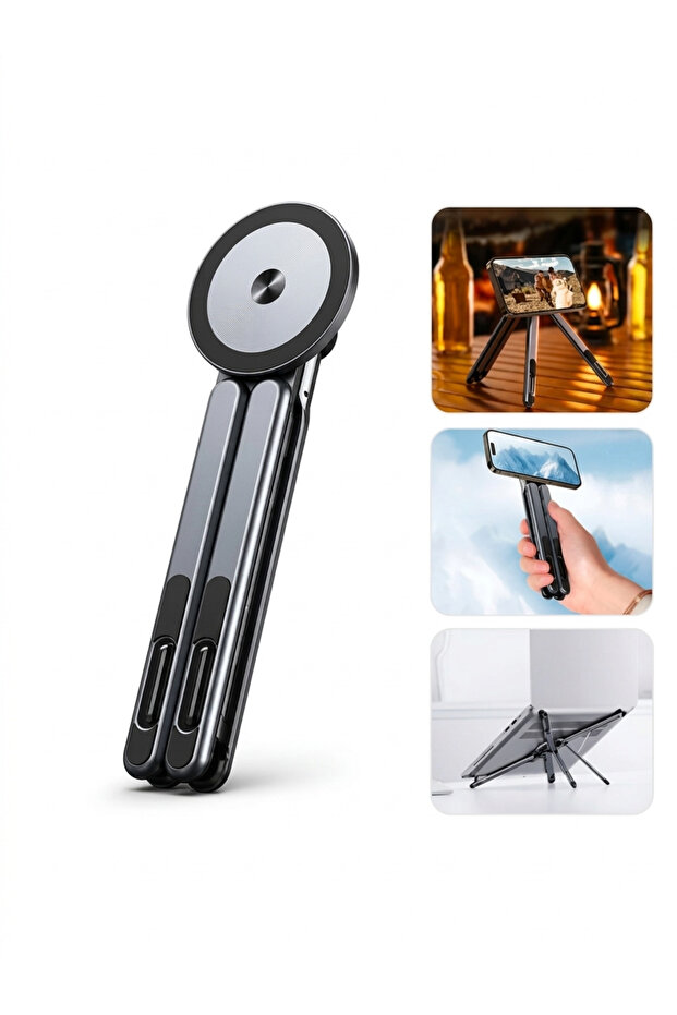 3-in-1 Metal Magsafe Compatible Phone Holder - Foldable Tripod and Laptop and Tablet Riser Stand