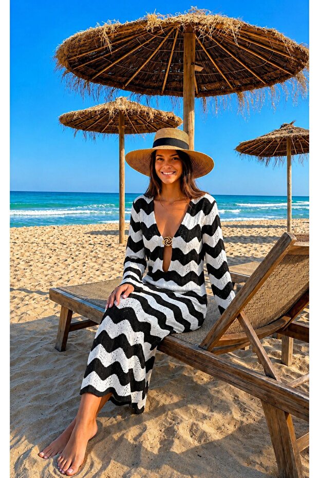 Wave Striped Cotton Openwork Beach Dress - 4