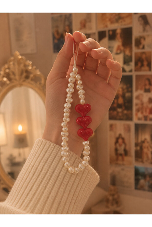 Pearl and Red Heart Phone Charm | Coquette Phone Charm Phone Strap | Y2K Cute Bead Charm