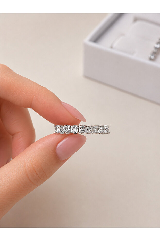 Luvie Silver Half Tour Asymmetric Sequenced Zircon Stone Detailed Modern Adjustable Stylish Design Premium Ring