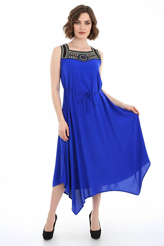 Women's Belted Front Embroidered Viscose Cobalt Blue Dress