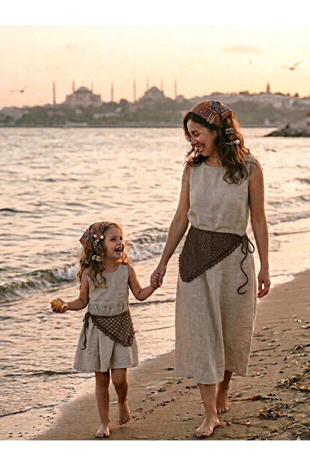 Bohemian Style Hand-Knitted Mother-Daughter Combination - Multi-Purpose Brown Mesh Bandana Set