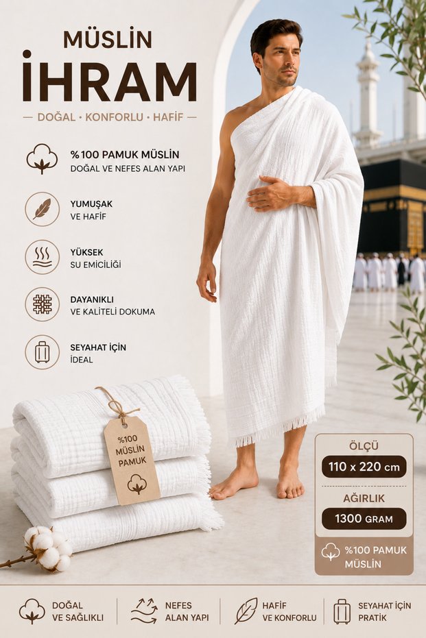 Medina Collection Soft Touch 100% Muslin 110X220 cm 1300 Grams Adult Hajj Umrah Ihram