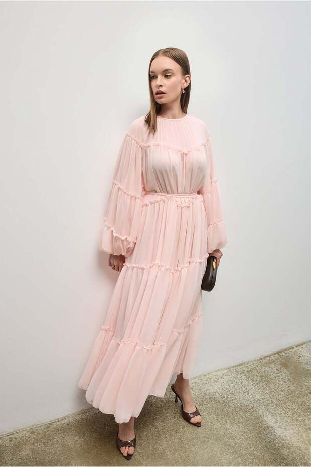 Women's Ruffled Layered Chiffon Dress with Lace Detail - Pink