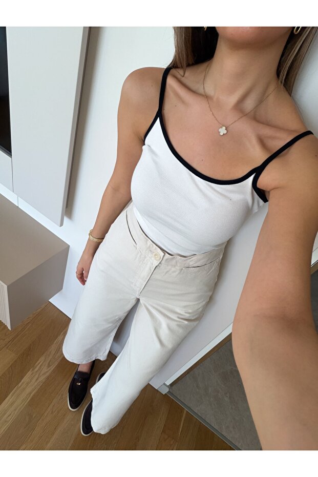Contrast Striped Strappy Tank Top - Ecru