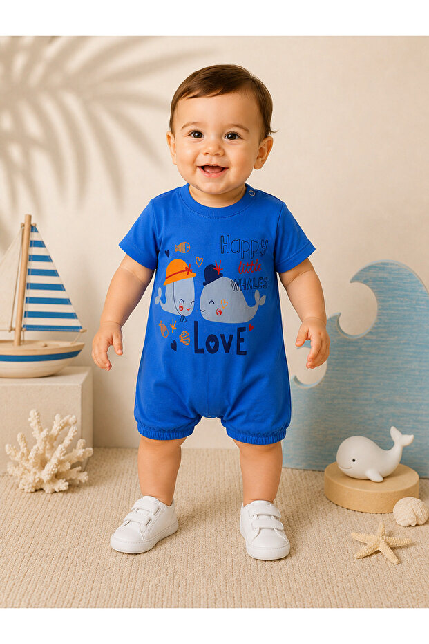 Baby Boy Happy Little Whales Printed Summer Short Sleeve Stylish Baby Romper