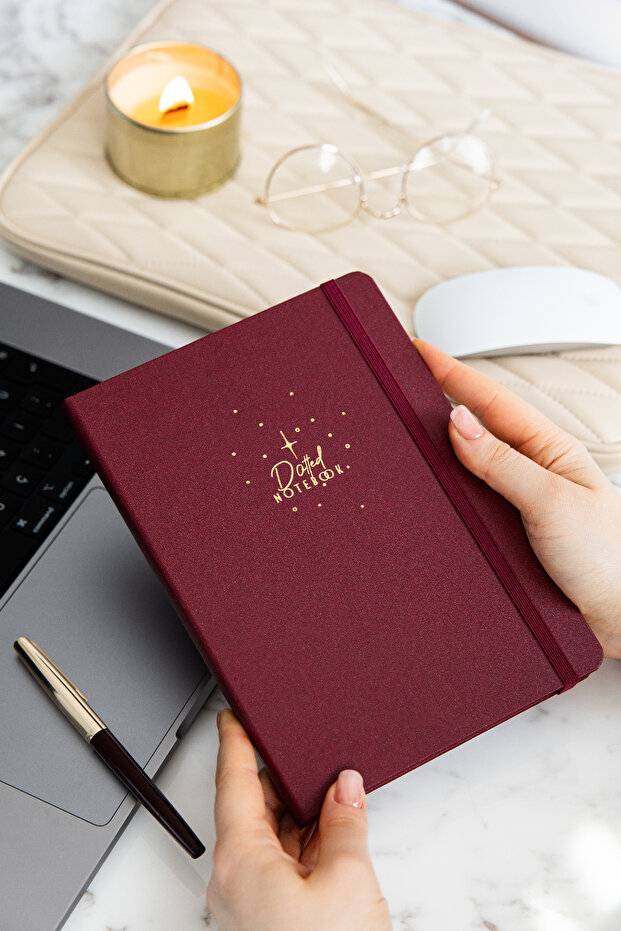 A5 Hard Cover Dotted Notebook with Charm Attachment and Elastic Band - Metallic Burgundy