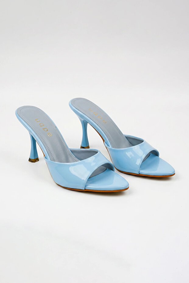 Lumia Shiny Single Strap Pointed Toe Goblet Heeled Slippers - Baby Blue Patent Leather
