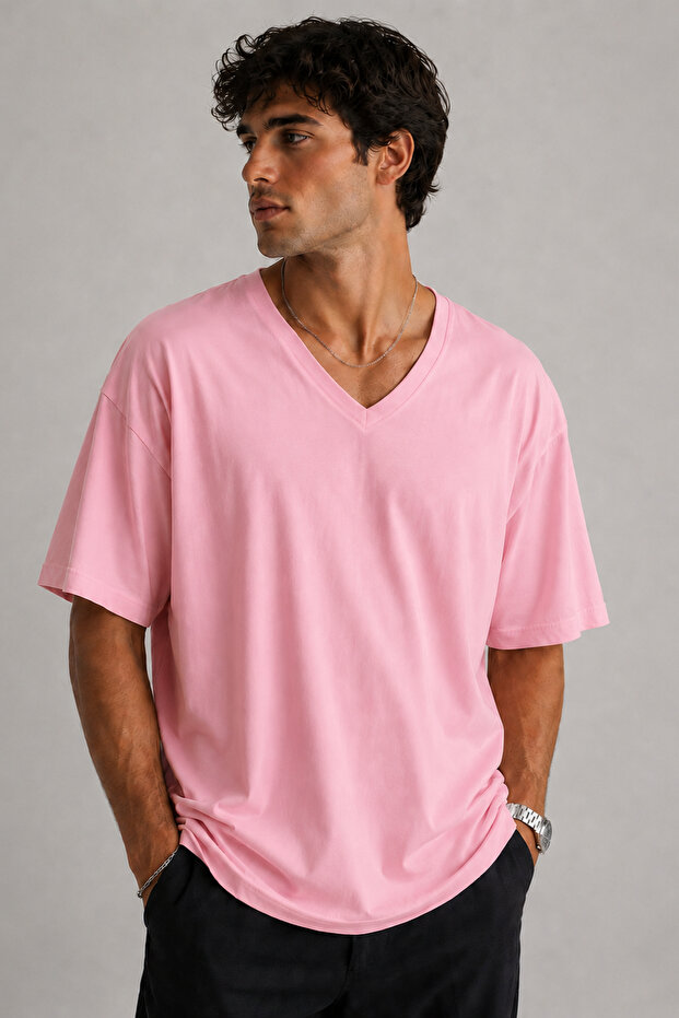 Basic V-Neck Unprinted Unisex Oversize T-Shirt – Cotton Casual Daily T-Shirt