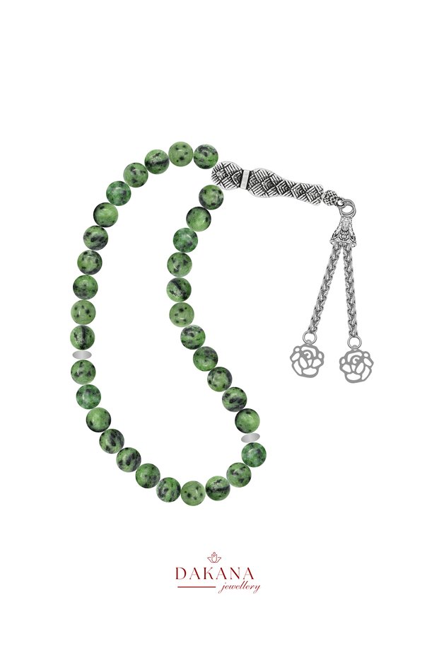 Certified 8 mm Anyloit Stone Lotus Flower Steel Tassel Natural Stone Prayer Beads