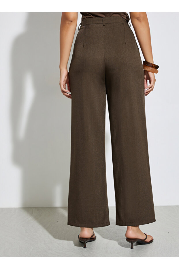 Brown Solid Wide Leg Pants - 4