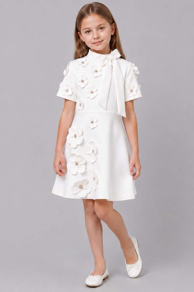 Girl's White Dress with Ribbon Detail at the Collar and Daisy and Stone Embroidery on It
