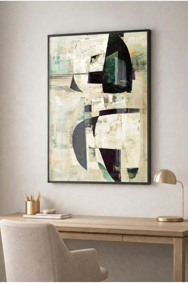 Modern Glass Table with Cream and Mint Green Details - Black Metal Framed Table for Home, Work, and School