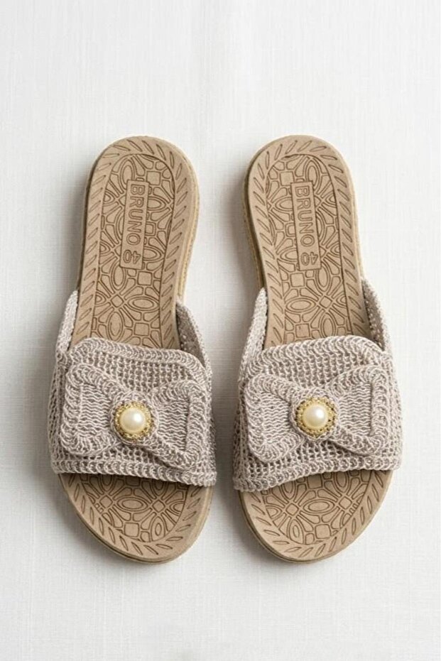 Women's Macrame Knitted Detailed Closed-Front Slippers Beige