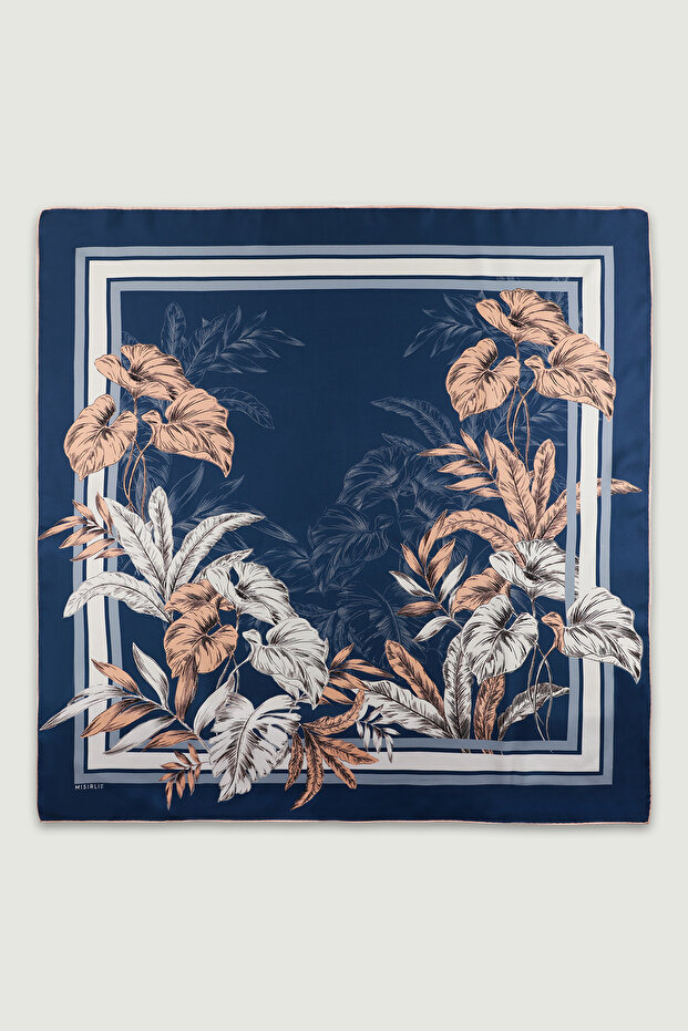 Navy Blue Exotic Leaf Motif Silk Scarf