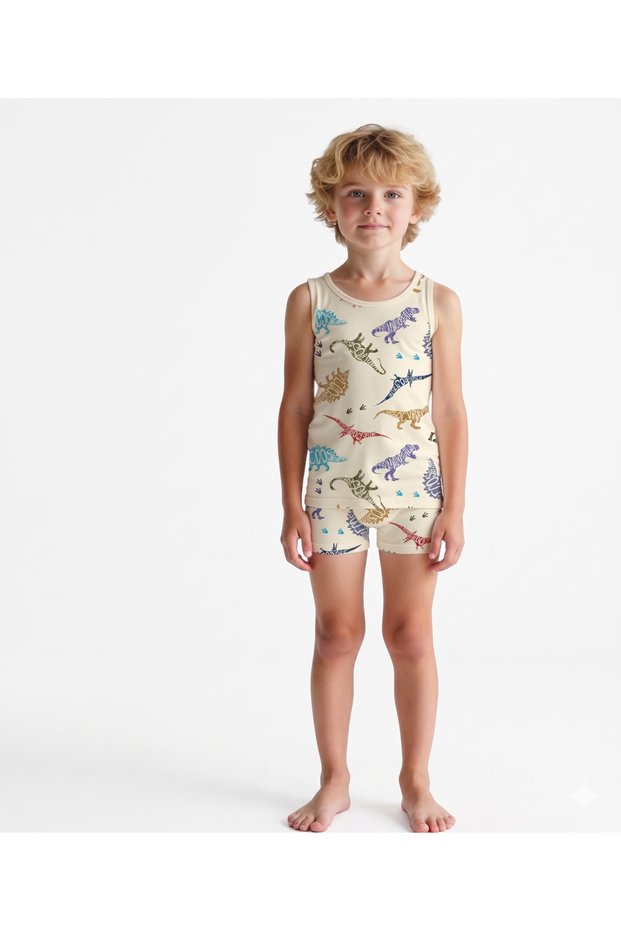 Boy's Cream Color Dinosaur Patterned Athlete Boxer Set