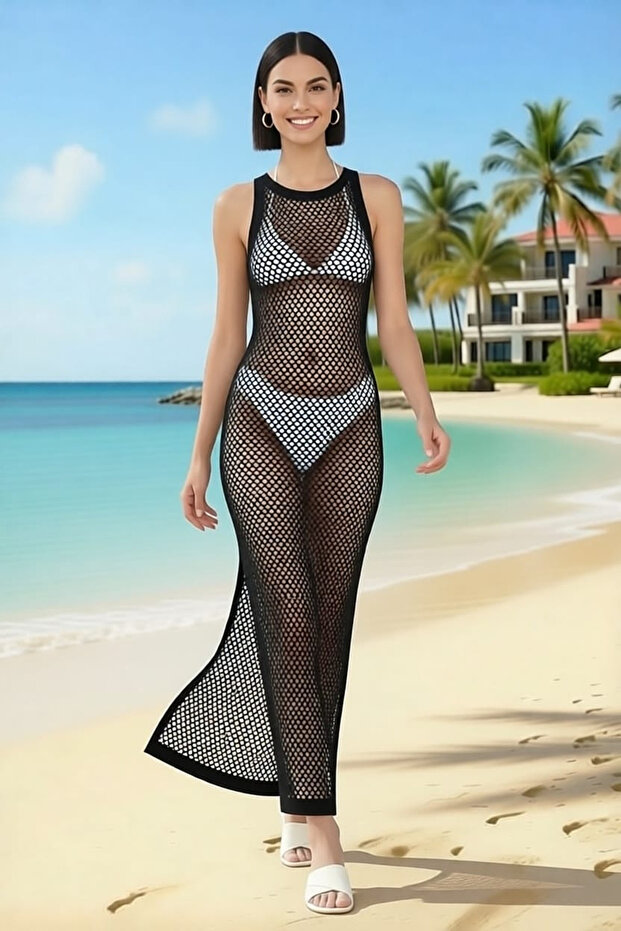 Women's Mink Swimsuit Top Pareo Sleeveless Mesh Backless Slit Beach Dress