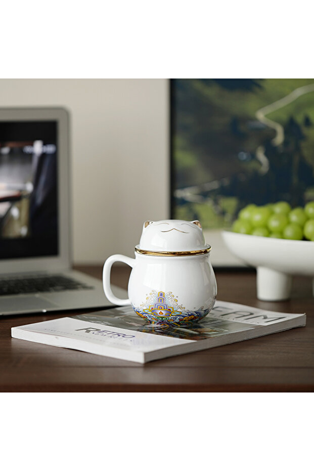 301-400ml WHITE Lucky Cat Ceramic Office Cup Tea Water Separation Cup with Lid Filter Tea Cup Coffee