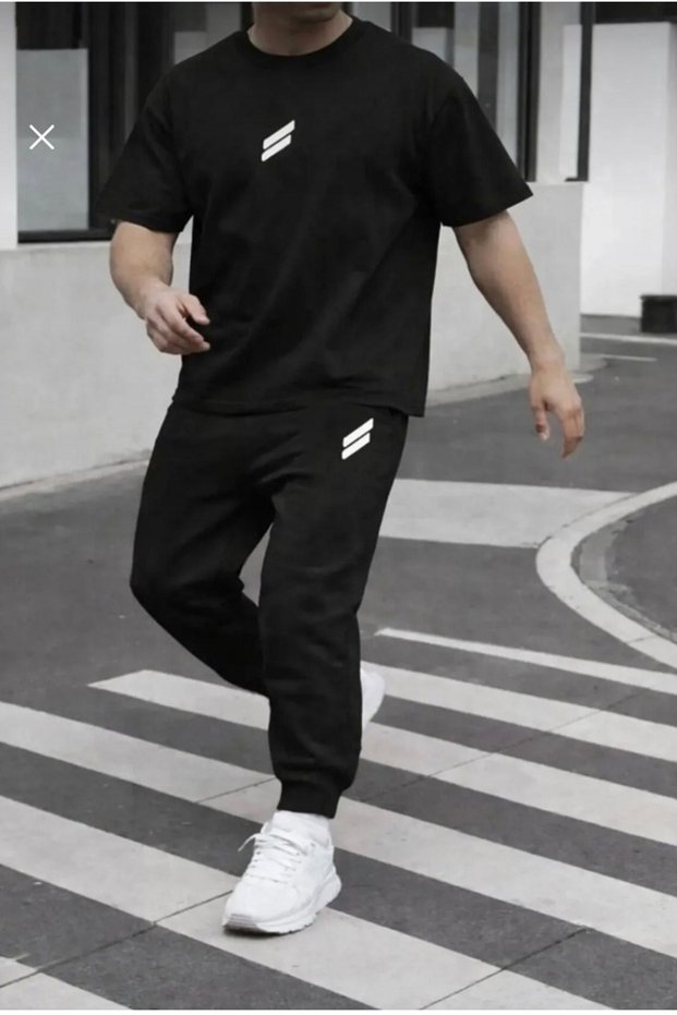 Unisex Wide-Let T-Shirt and Sweatpants Set with Double Line Print