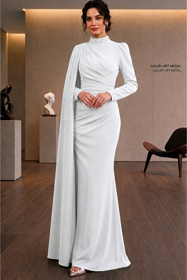 Cape Pearl Detailed Dress Evening Gown