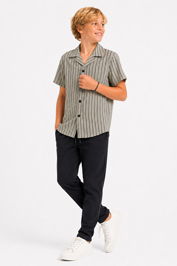 Boy's Summer Regular Fit Striped Waffle Shirt Pants 2-Piece Set Ak2612