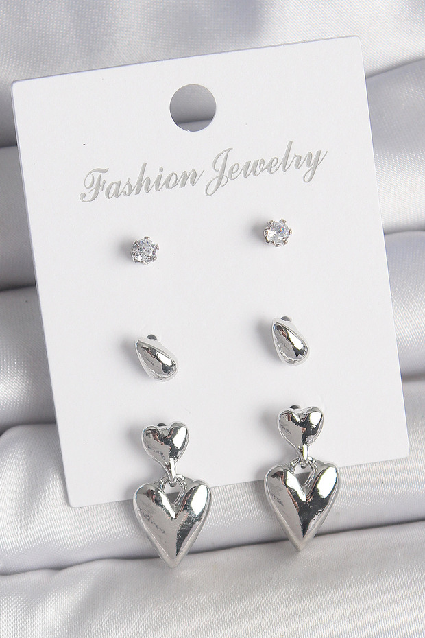 Brass Silver Color Zircon Stone Dangle Heart Model 3 Pairs Women's Earrings Se - Glst1358-979