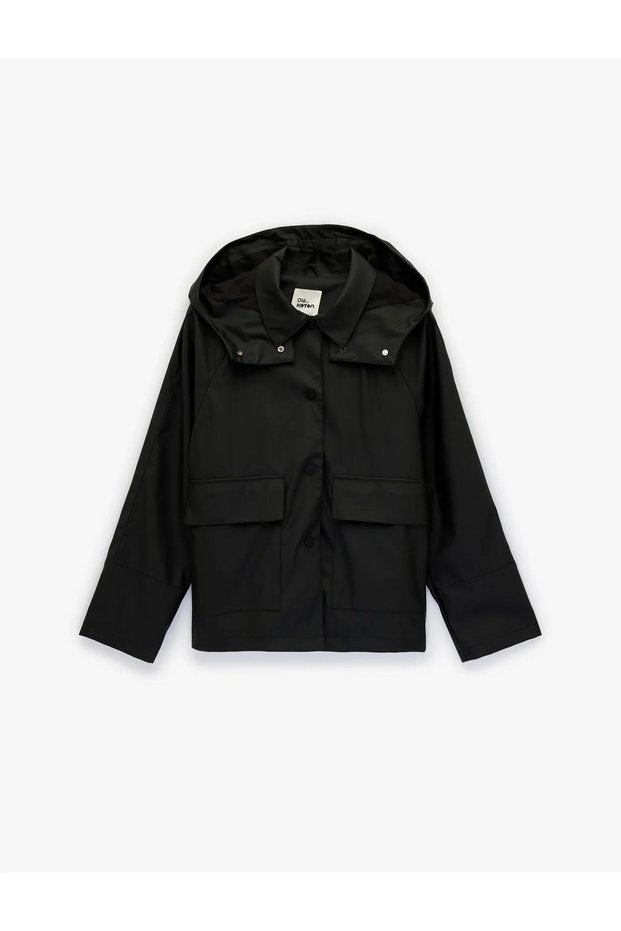 Comfortable Fit Long Sleeve Pocketed Snap Button Detail Water Repellent Hooded Raincoat Women's Trench Coat 6