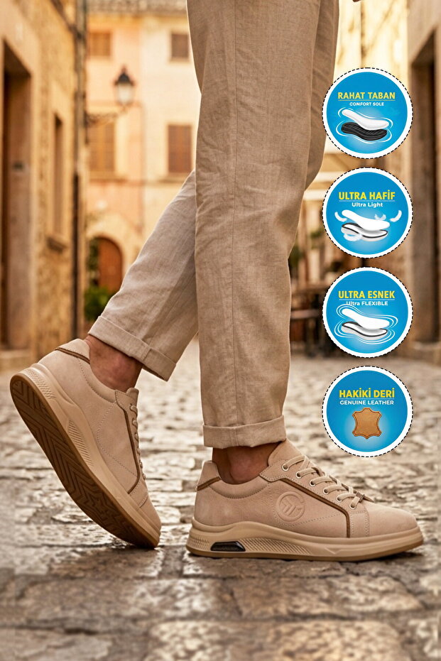 Beige Genuine Leather Men's Casual Shoes 6Y2801-9676 m