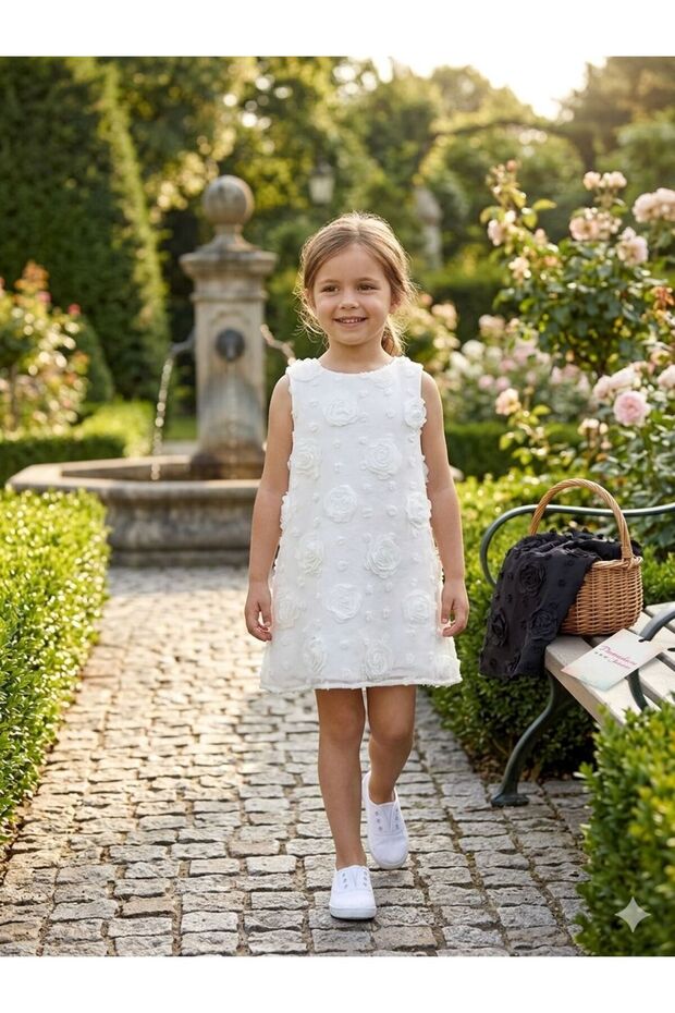 3D Rose Embossed Girls' Special Occasion Dress with Back Bow Detail