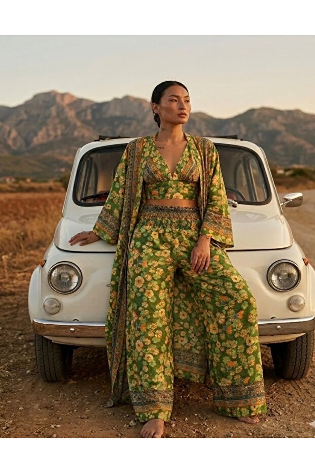 Silk Kimono & Bustier & Pants Set