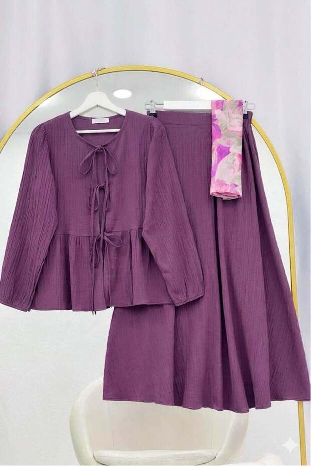 Front-Tie, Elastic-Sleeved Skirt Suit, Purple