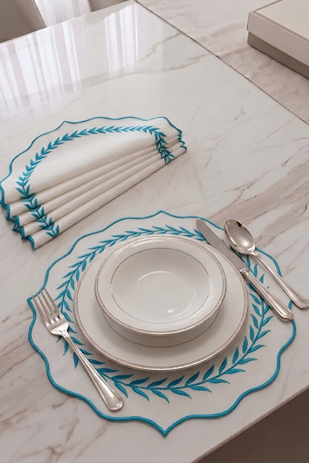 6 Pieces Turquoise Blue Embroidered American Service-Supla Set