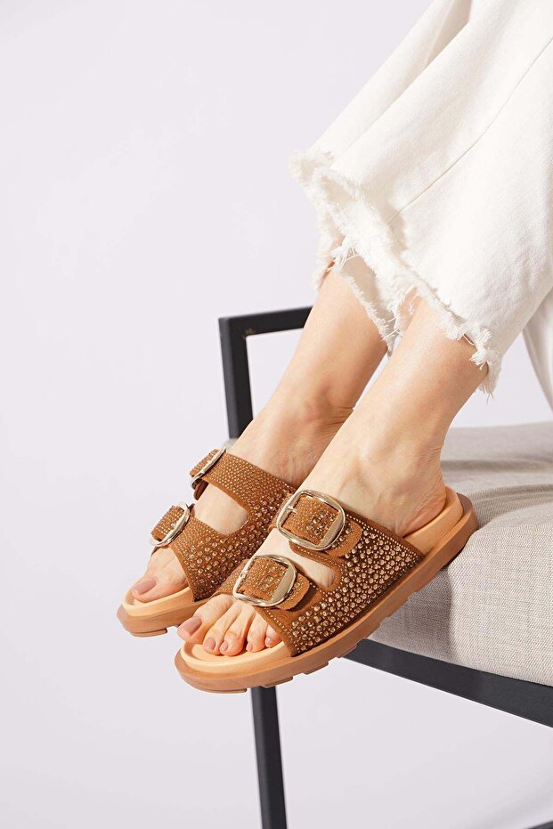 Urena Stone Double Buckle Genuine Leather Women's Slippers Tan