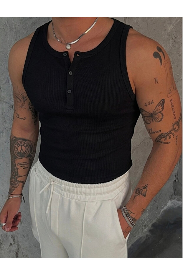 Zero Sleeve Button Closure Undershirt Black - 3
