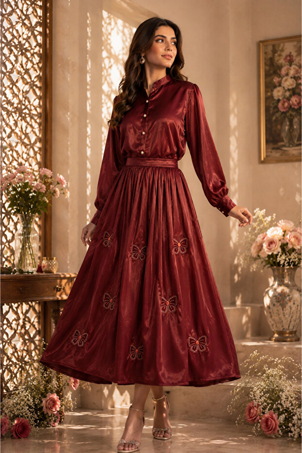 -Ruby Red Satin Shirt & Flared Skirt Co-Ord Set with Butterfly Embellishments