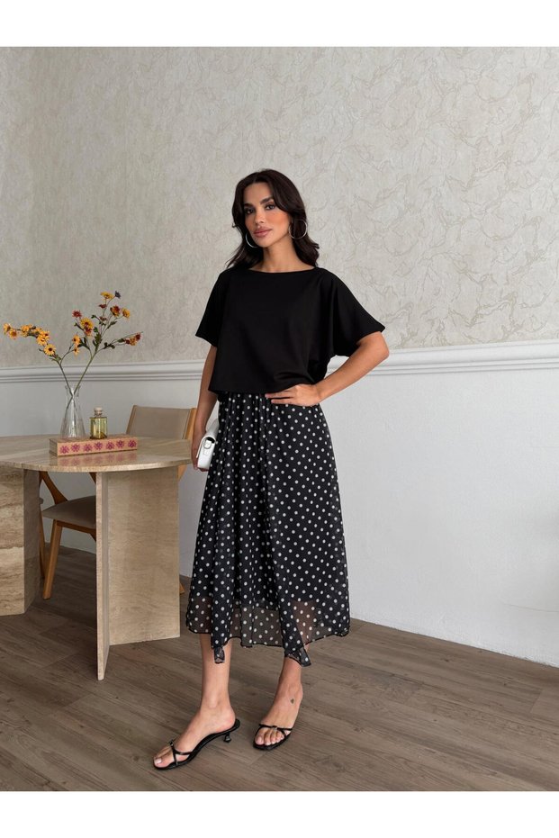 Women's Boat Neck and Asymmetrical Wearable Casual Blouse and Lined Polka Dot Chiffon Midi Skirt Dress