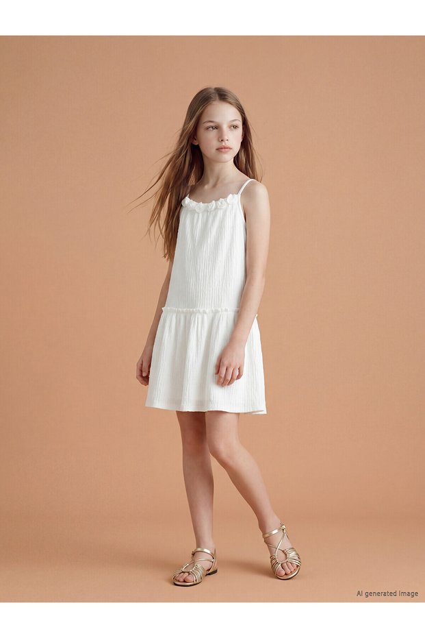 Seray New Season Rope Strap Rose Detailed Girls' Dress