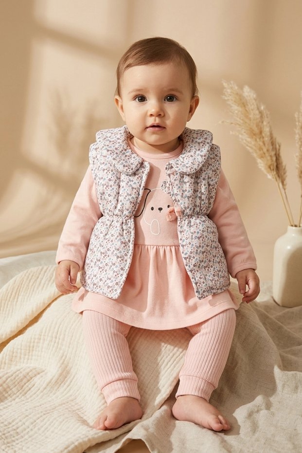 Mia Baby Girl Pink Floral Puffy Vest Triple Combination Set - Cotton Rabbit Print Tunic and Ribbed Pants