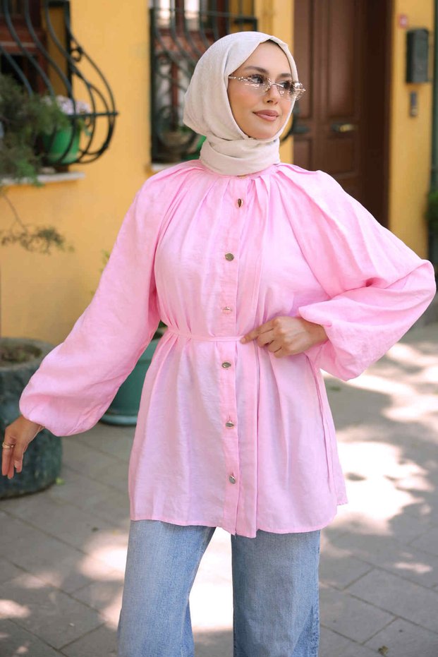 Pink Collared Pleated Waist Tie Shirt