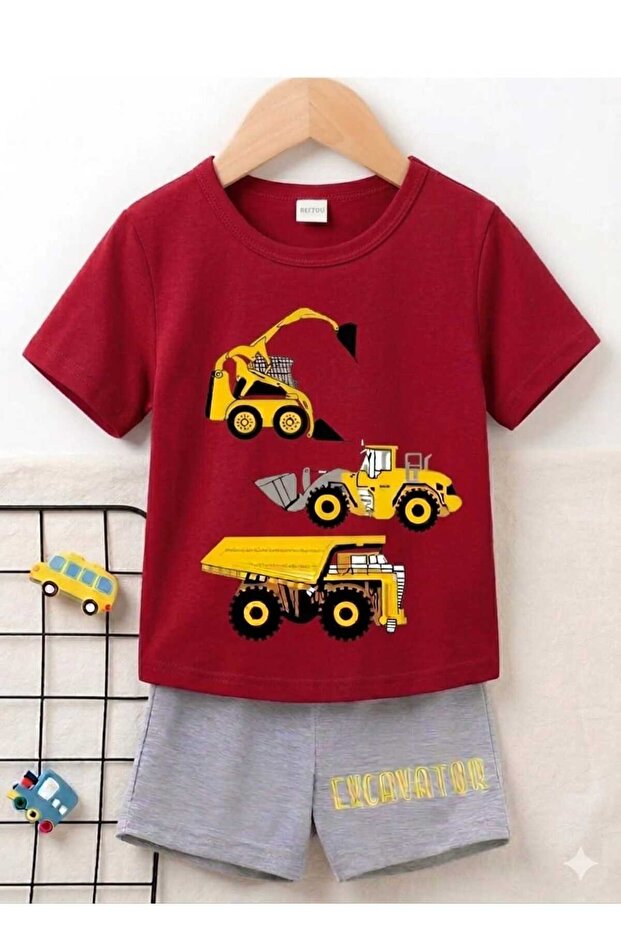 Summer Children's T-Shirt Shorts Unisex (Excvator Print)