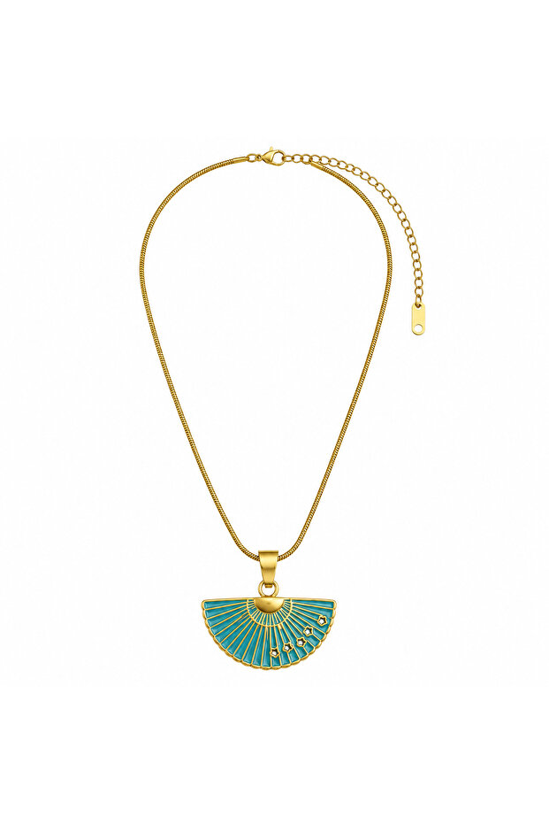 Gold Turquoise Fan-Shaped Pendant Necklace – Stylish Women's Necklace with Adjustable Chain