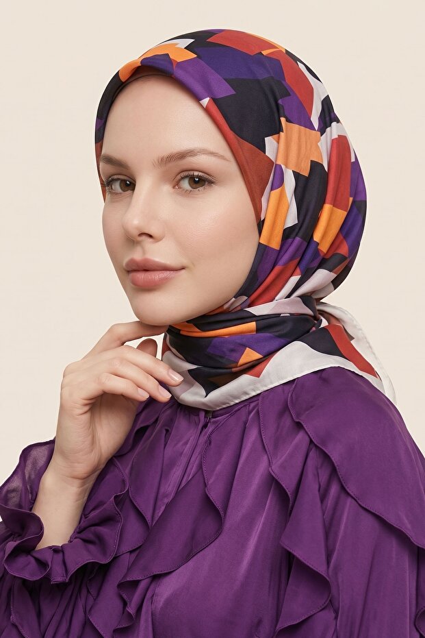 وشاح من القطن الناعم باللون البرتقالي بنمط هندسي مختلط