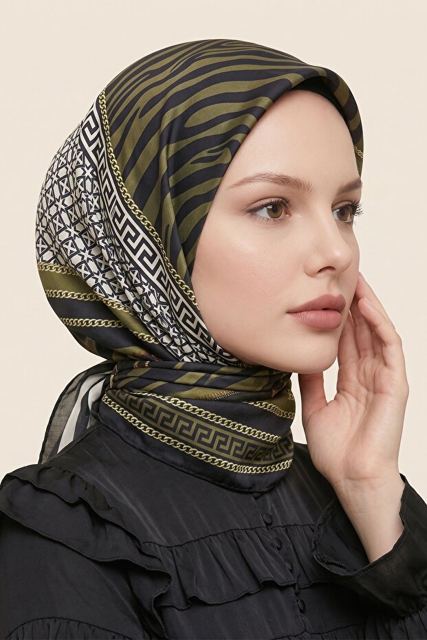 وشاح من القطن الناعم بنمط الحمار الوحشي المخطط باللون الكاكي
