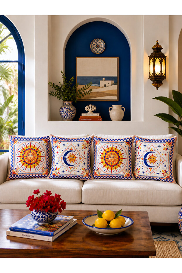 Set of 4 Mediterranean Patterned Throw Pillow Covers with Sun Motifs