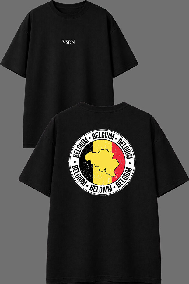 Round Neck Belgian Design Front and Back Printed Black Oversized T-Shirt