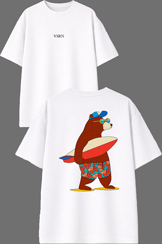 تي شيرت أبيض كبير الحجم بتصميم الدب مطبوع من الأمام والخلف من Holiday Bear Design