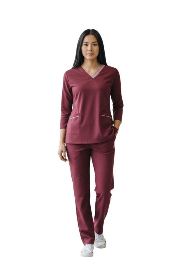 Professional Medical Scrubs Set for Women, Light Blue V-Neck Uniform with Contrast Piping, 3/4 Sleeve Top and Pants for Healthcare Workers,Housemaids (maroon, M)