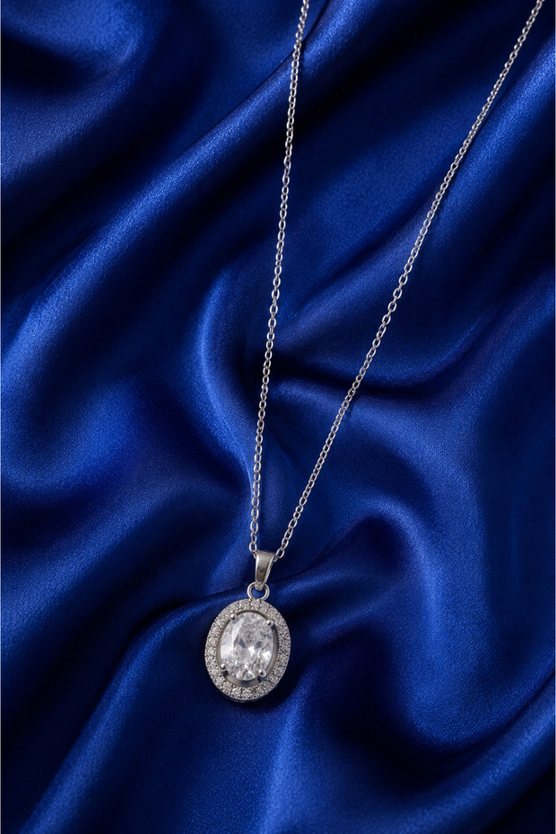 Victoria Oval Stone Steel Necklace (Silver Color)